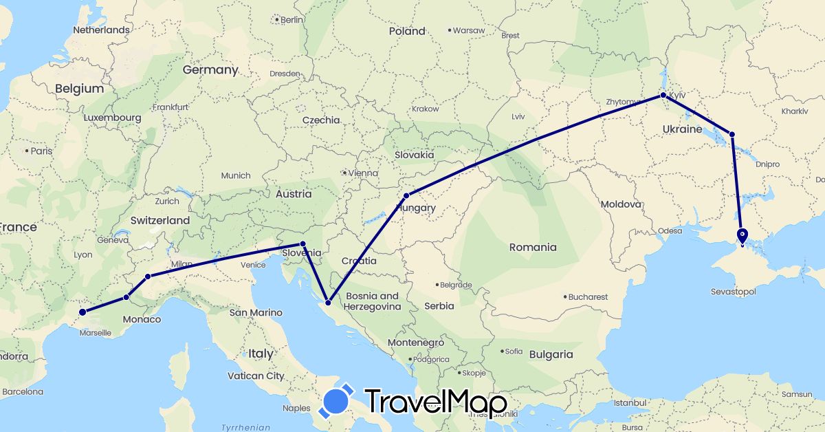 TravelMap itinerary: driving in France, Croatia, Hungary, Italy, Slovenia, Ukraine (Europe)